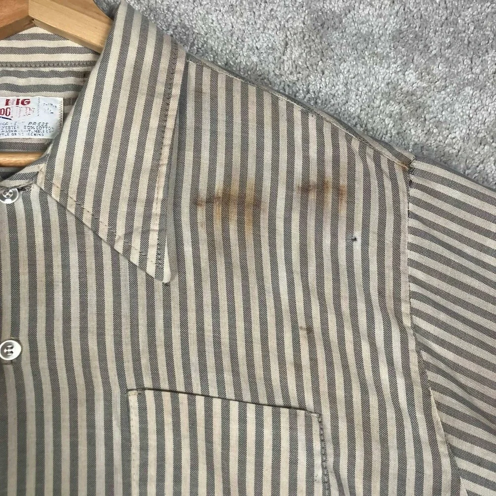 Vintage 70s Big Donlin Mens Striped Work Shirt Long Sleeve Grey Tan 16-16.5 L - Picture 4 of 16